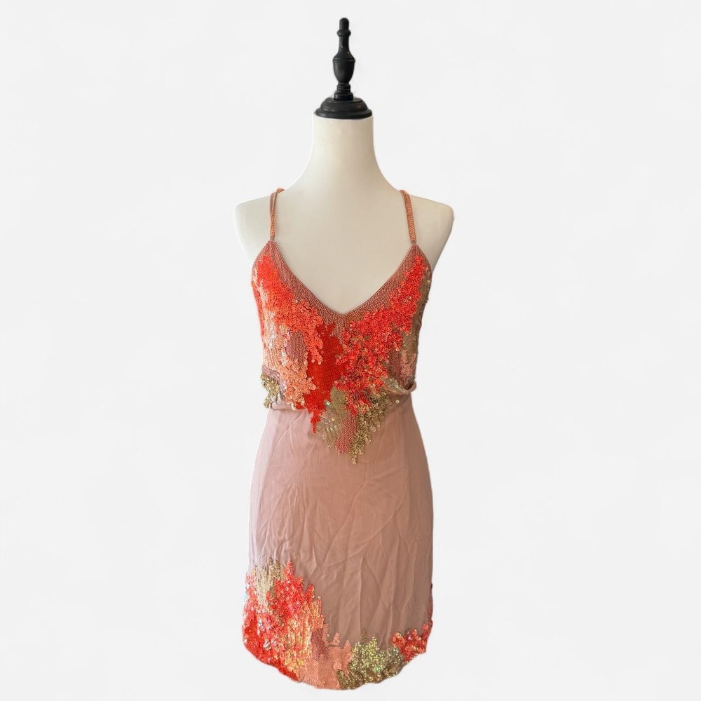 French Connection Nude Coral Sequin Embellished Mini Dress Size 2 Beaded Taupe